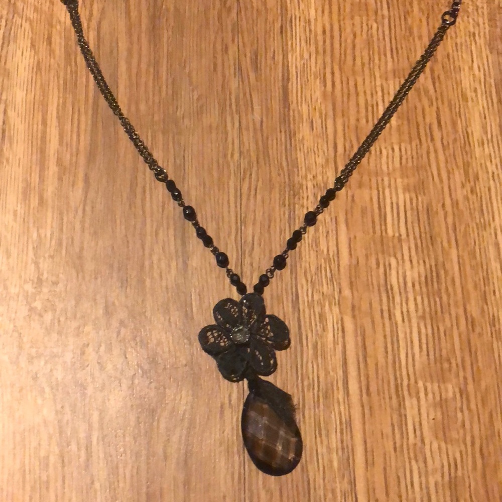 Black flower with drop stone necklace